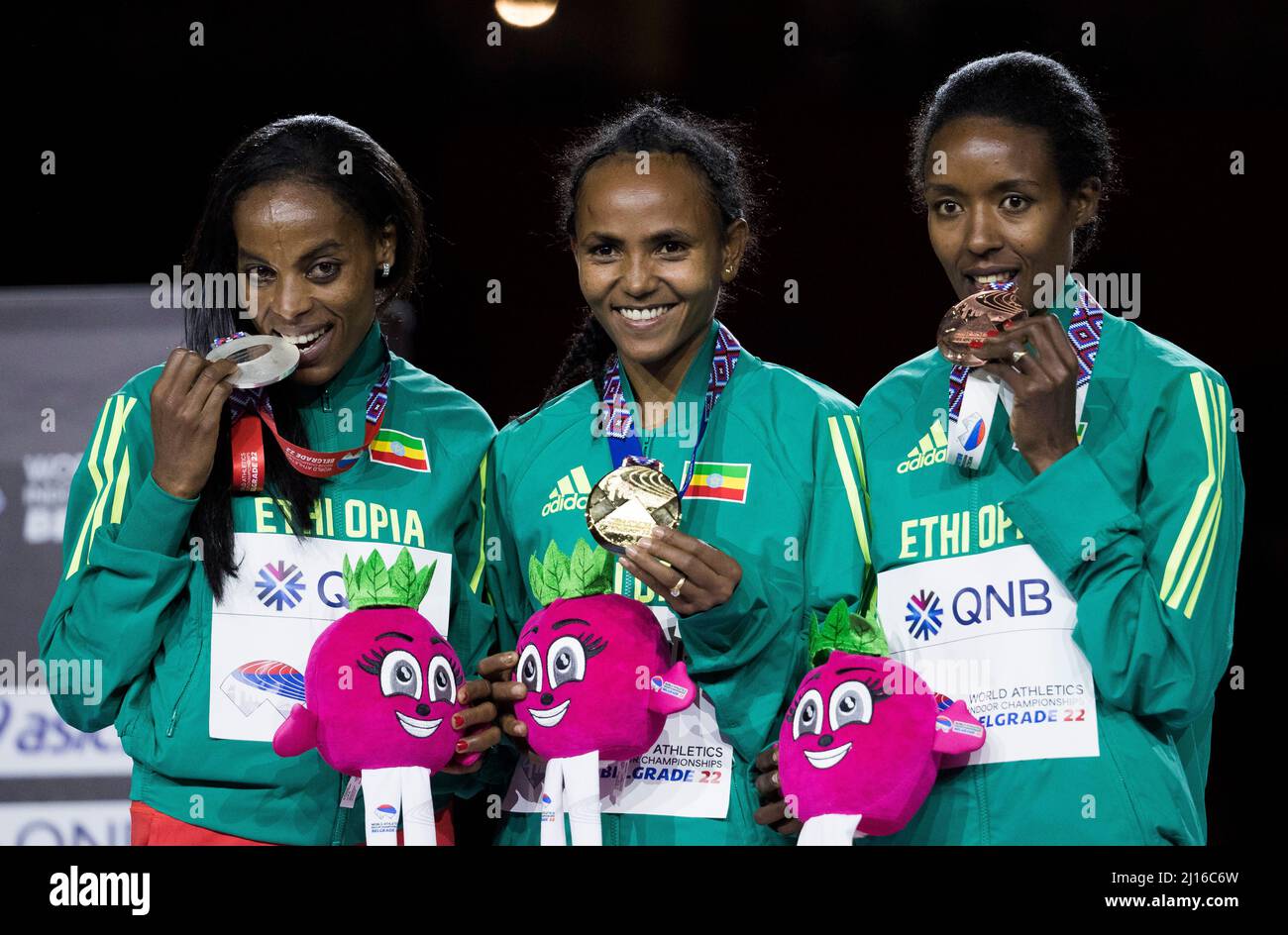 Belgrade, Serbia, 19th March 2022. Gudaf Tsegay of Ethiopia, Hirut Meshesha of Ethiopia, Axumawit Embaye of Ethiopia posing with medals during the medal ceremony during the World Athletics Indoor Championships Belgrade 2022 - Press Conference in Belgrade, Serbia. March 19, 2022. Credit: Nikola Krstic/Alamy Stock Photo