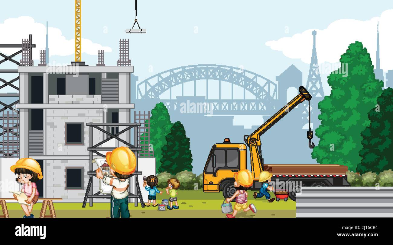 Building house construction site and workers illustration Stock Vector ...