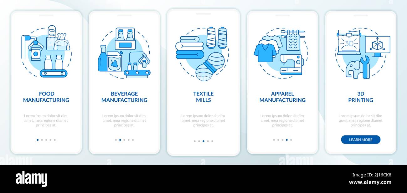 Manufacturing sub sectors blue onboarding mobile app screen Stock ...