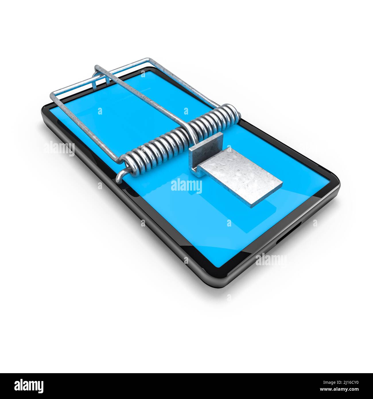 Mobile phone trap - 3D illustration of cellphone mousetrap contraption on white studio background Stock Photo