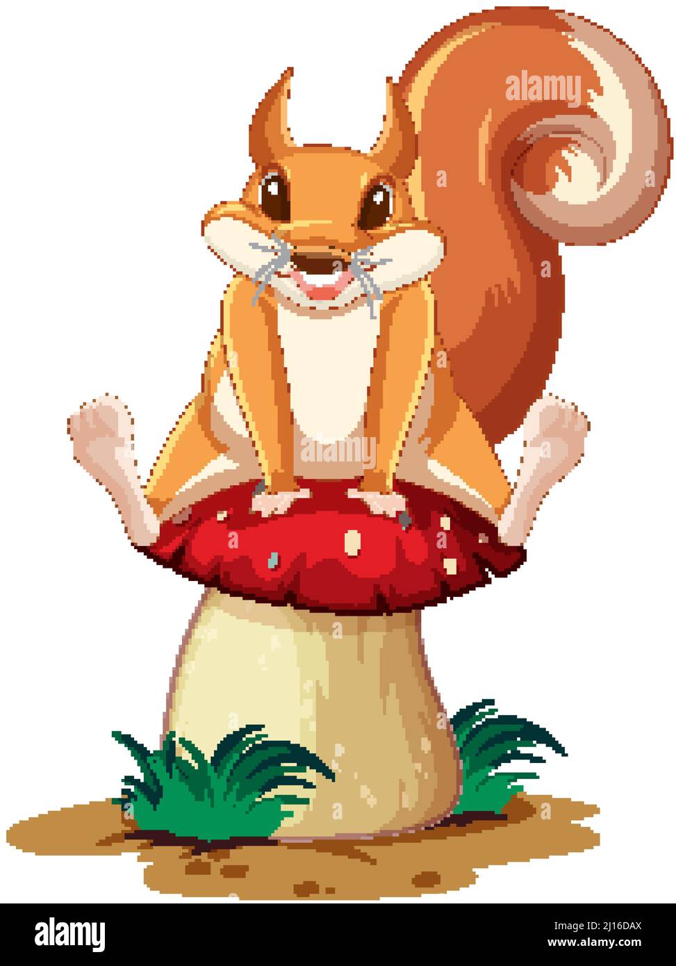 Cute cartoon squirrel sitting on mushroom  illustration Stock Vector