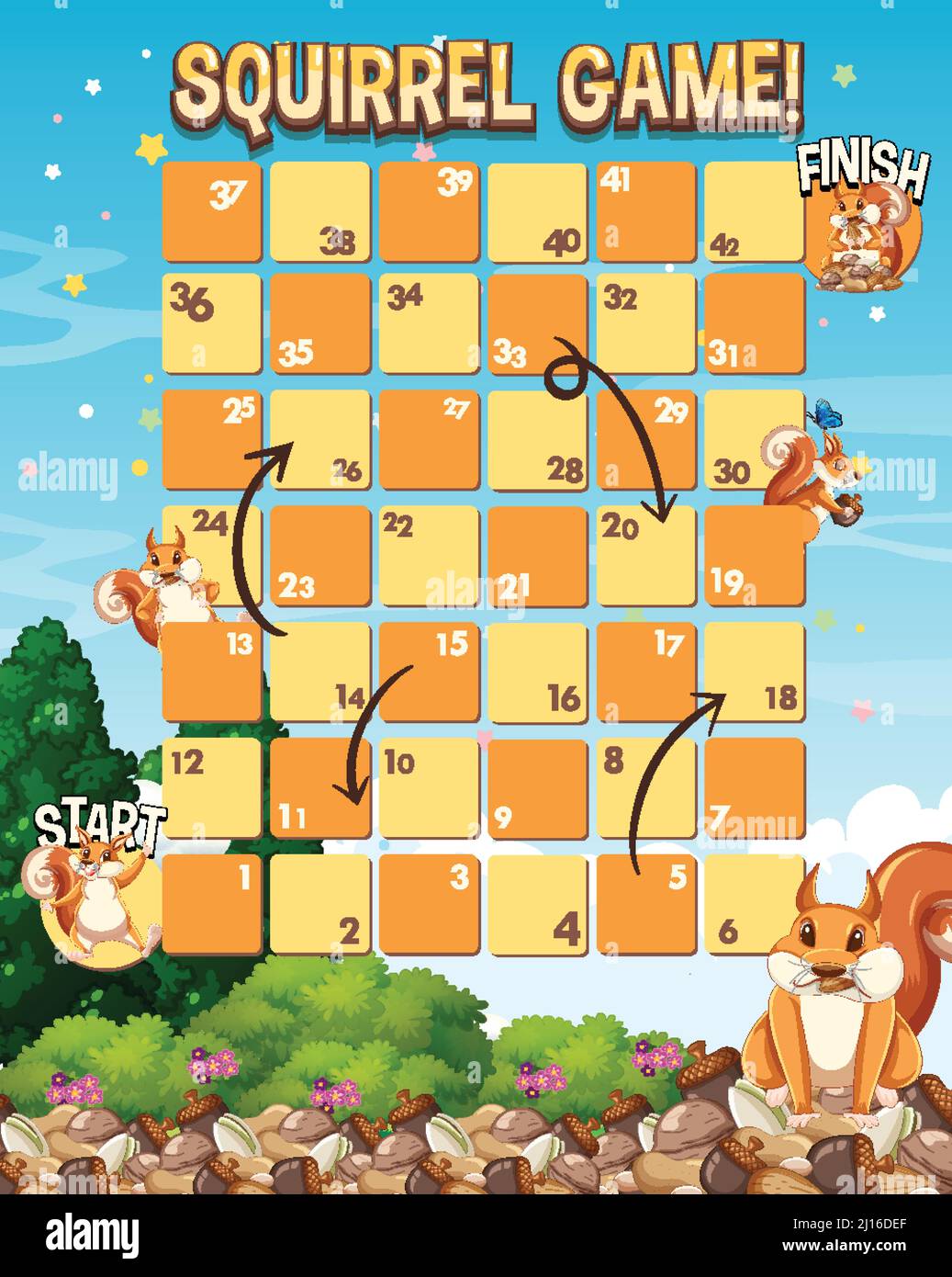 A snake ladder squirrels game template illustration Stock Vector
