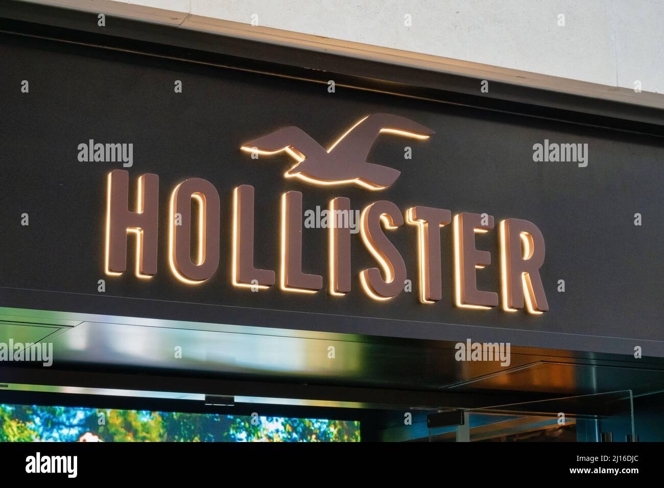 Belfast, UK- Feb 21, 2022: Hollister Store in Belfast Northern Ireland. Stock Photo