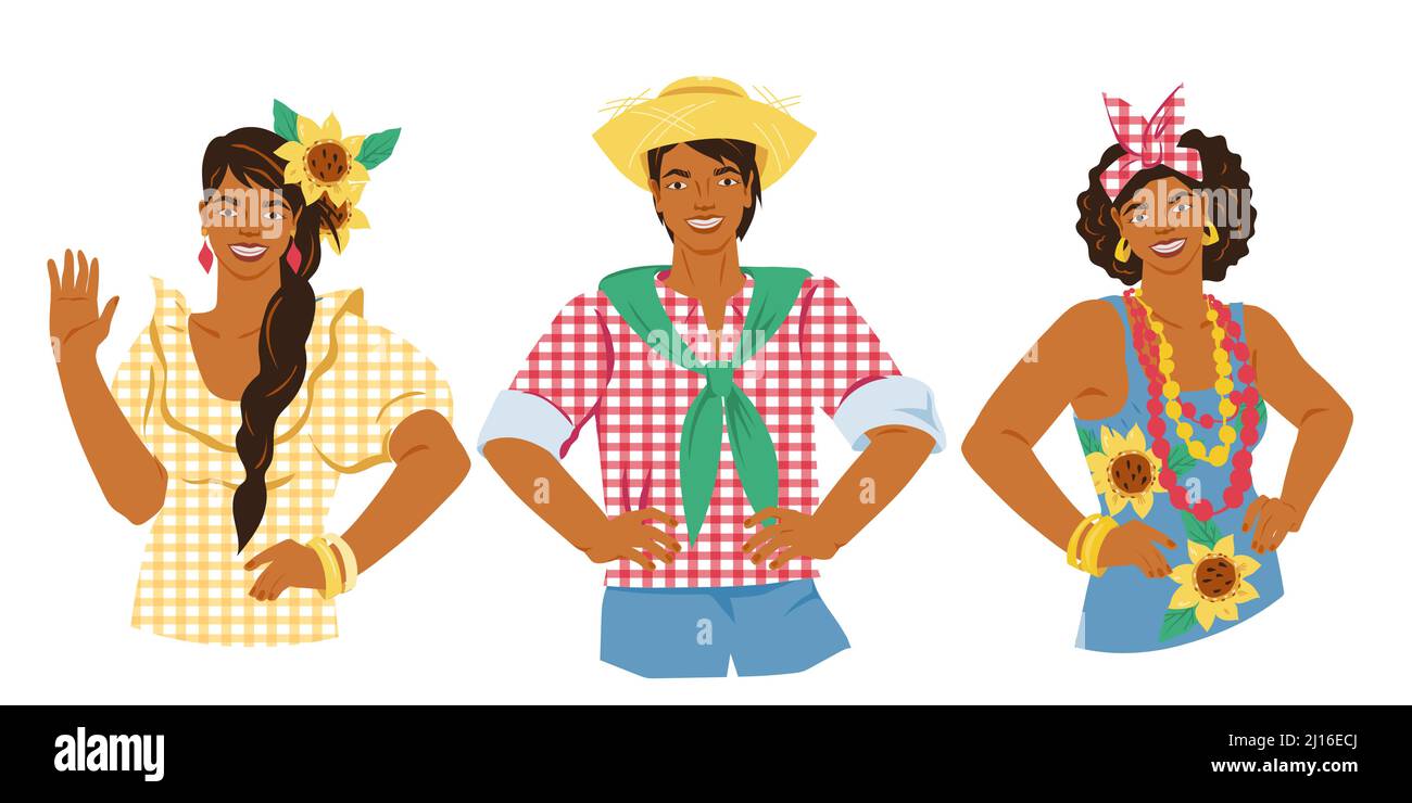 Festa Junina people cartoon characters. Men and women celebrate Brazil