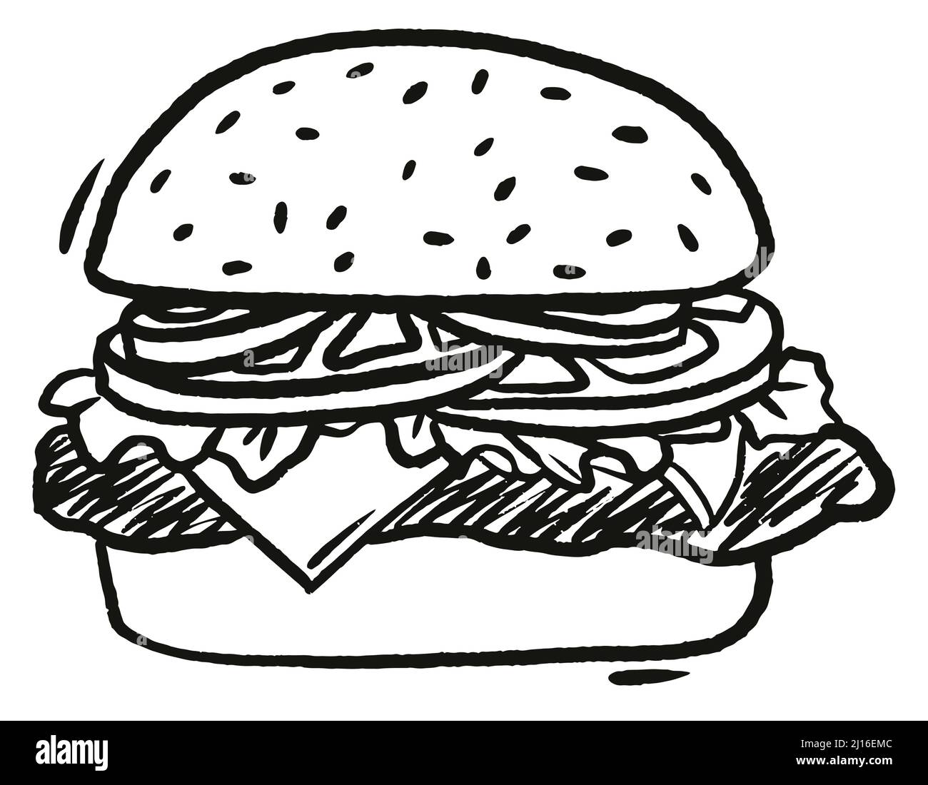 Burger hand drawn outline doodle icon. Grilled Hamburger fast food