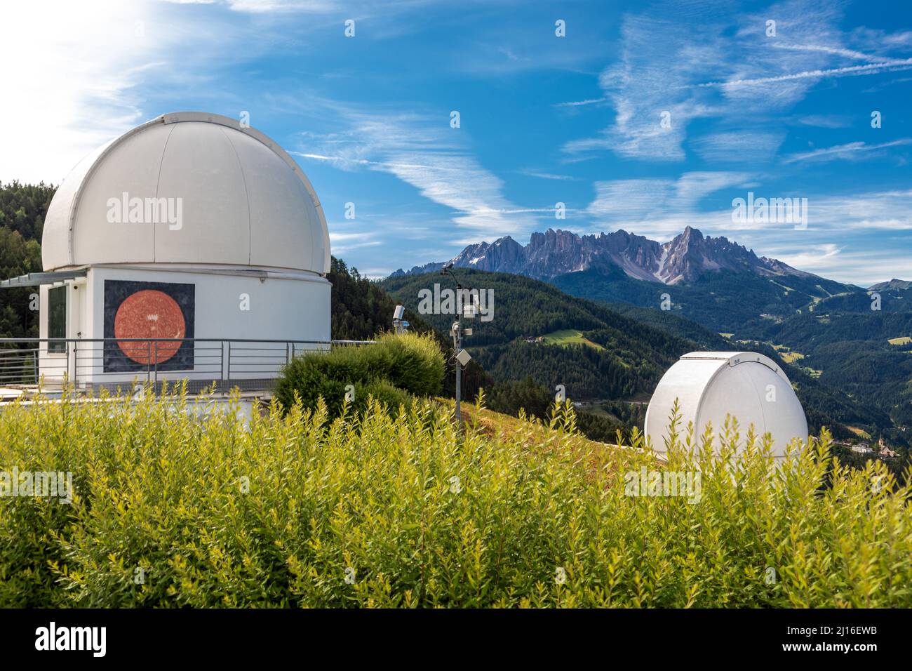 Observatory near Steinegg, South Tyrol, Italy in front of Latemar mountains Stock Photo