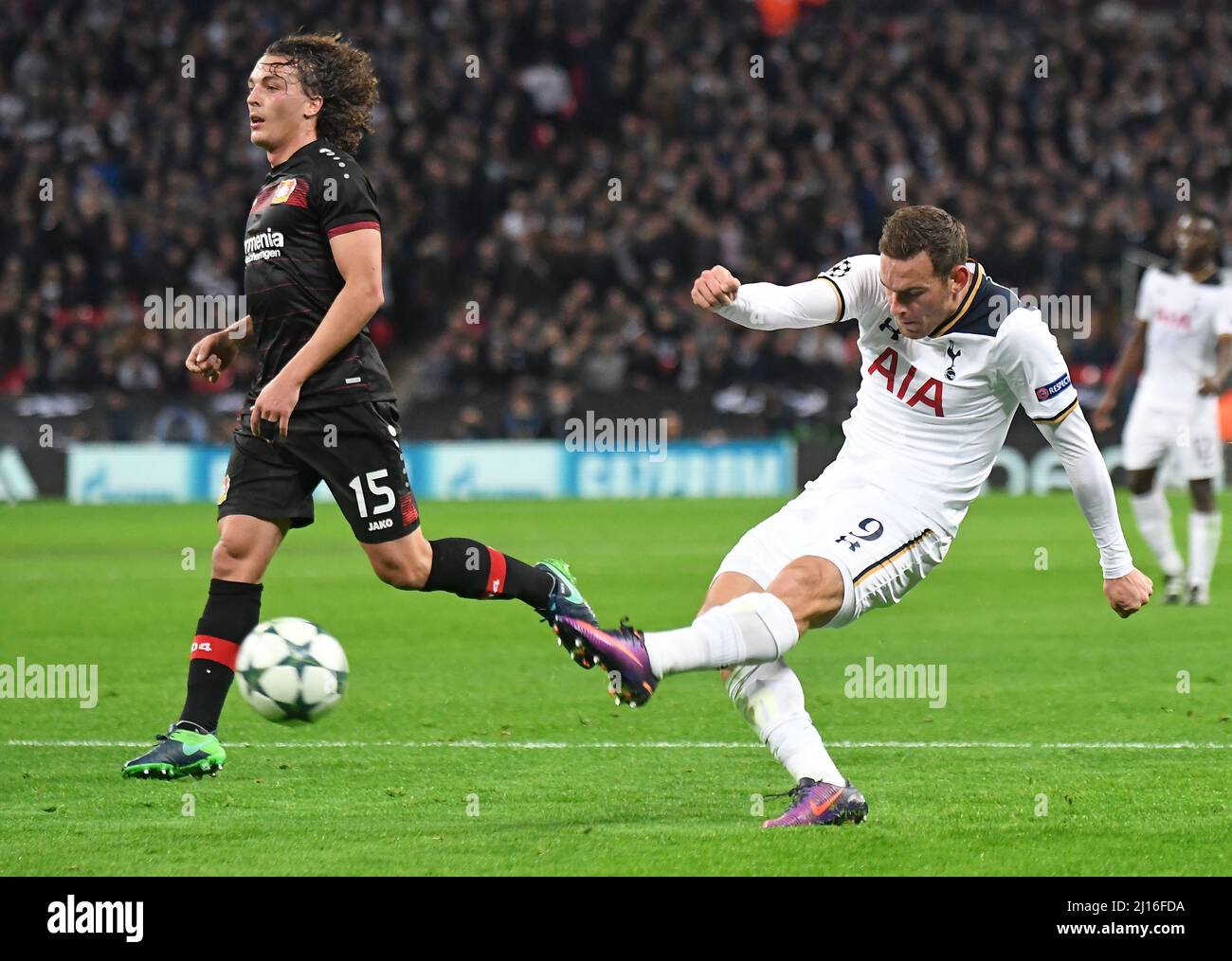 LONDON, ENGLAND - NOVEMBER 2, 2016: Julian Baumgartlinger (L) of Leverkusen and Vincent Janssen (R) of Tottenham pictured in action during the UEFA Champions League Group E game between Tottenham Hotspur and Bayern Leverkusen at Wembley Stadium. Copyright: Cosmin Iftode/Picstaff Stock Photo