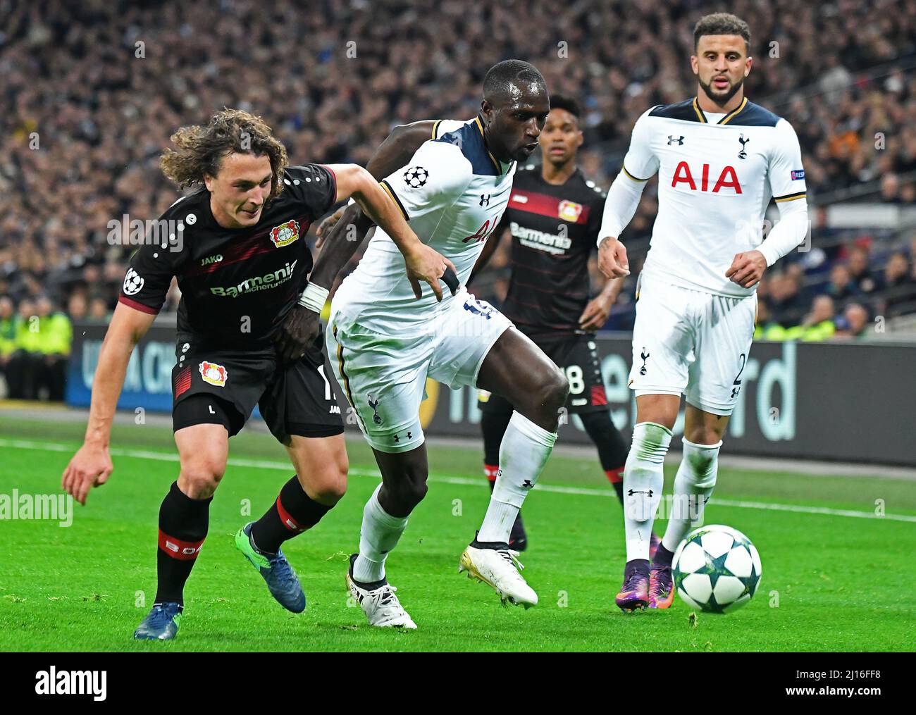 LONDON, ENGLAND - NOVEMBER 2, 2016: Julian Baumgartlinger (L) of Leverkusen and Moussa Sissoko (R) of Tottenham pictured in action during the UEFA Champions League Group E game between Tottenham Hotspur and Bayern Leverkusen at Wembley Stadium. Copyright: Cosmin Iftode/Picstaff Stock Photo
