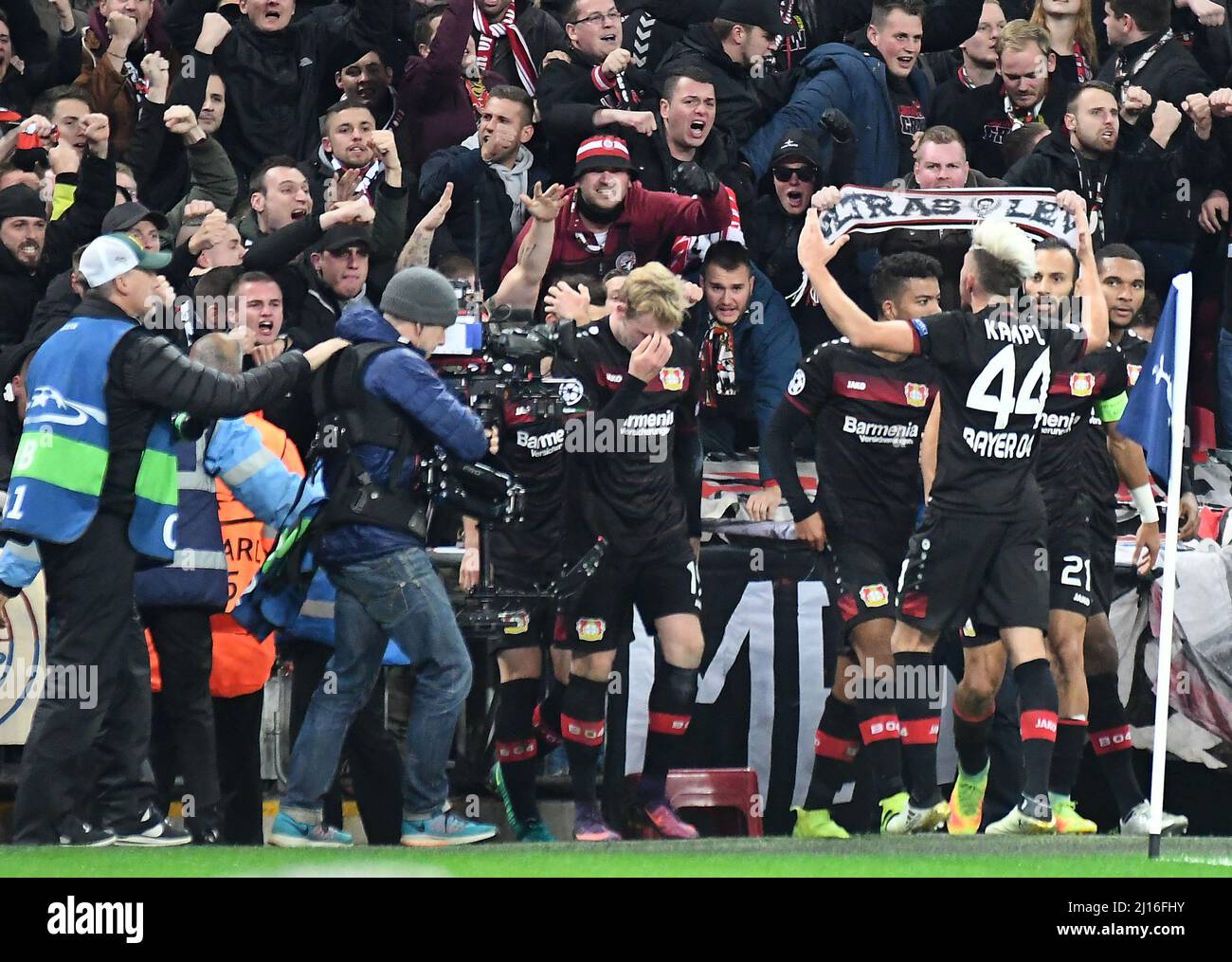 LONDON, ENGLAND - NOVEMBER 2, 2016: Leverkusen players celebrate with the fans after a goal scored during the UEFA Champions League Group E game between Tottenham Hotspur and Bayern Leverkusen at Wembley Stadium. Copyright: Cosmin Iftode/Picstaff Stock Photo
