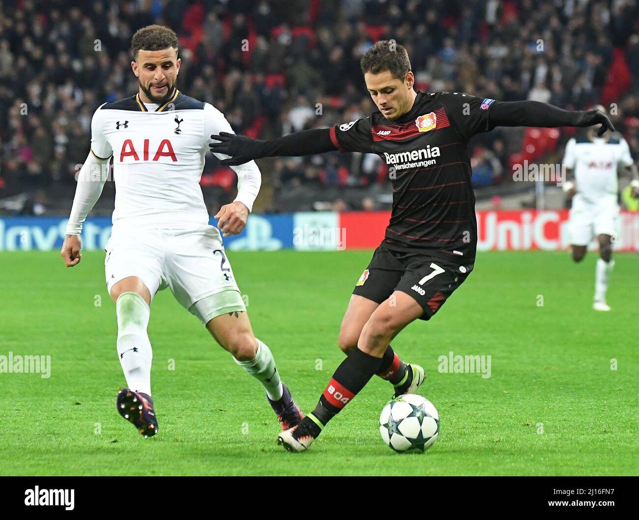 LONDON, ENGLAND - NOVEMBER 2, 2016: Kyle Walker (L) of Tottenham and Javier Hernandez (R) of Leverkusen pictured in action during the UEFA Champions League Group E game between Tottenham Hotspur and Bayern Leverkusen at Wembley Stadium. Copyright: Cosmin Iftode/Picstaff Stock Photo