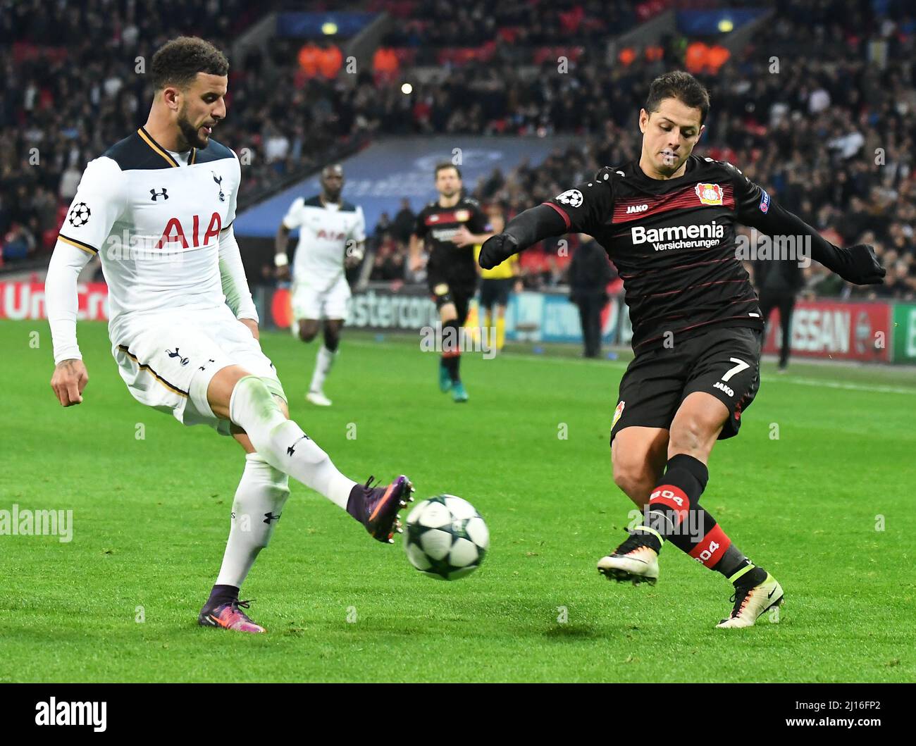 LONDON, ENGLAND - NOVEMBER 2, 2016: Kyle Walker (L) of Tottenham and Javier Hernandez (R) of Leverkusen pictured in action during the UEFA Champions League Group E game between Tottenham Hotspur and Bayern Leverkusen at Wembley Stadium. Copyright: Cosmin Iftode/Picstaff Stock Photo
