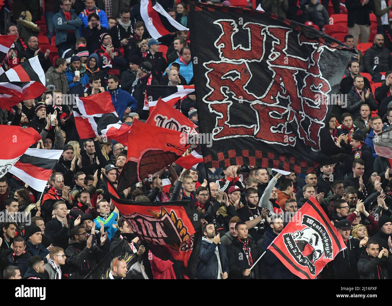 LONDON, ENGLAND - NOVEMBER 2, 2016: Leverkusen fans pictured prior to the UEFA Champions League Group E game between Tottenham Hotspur and Bayern Leverkusen at Wembley Stadium. Copyright: Cosmin Iftode/Picstaff Stock Photo