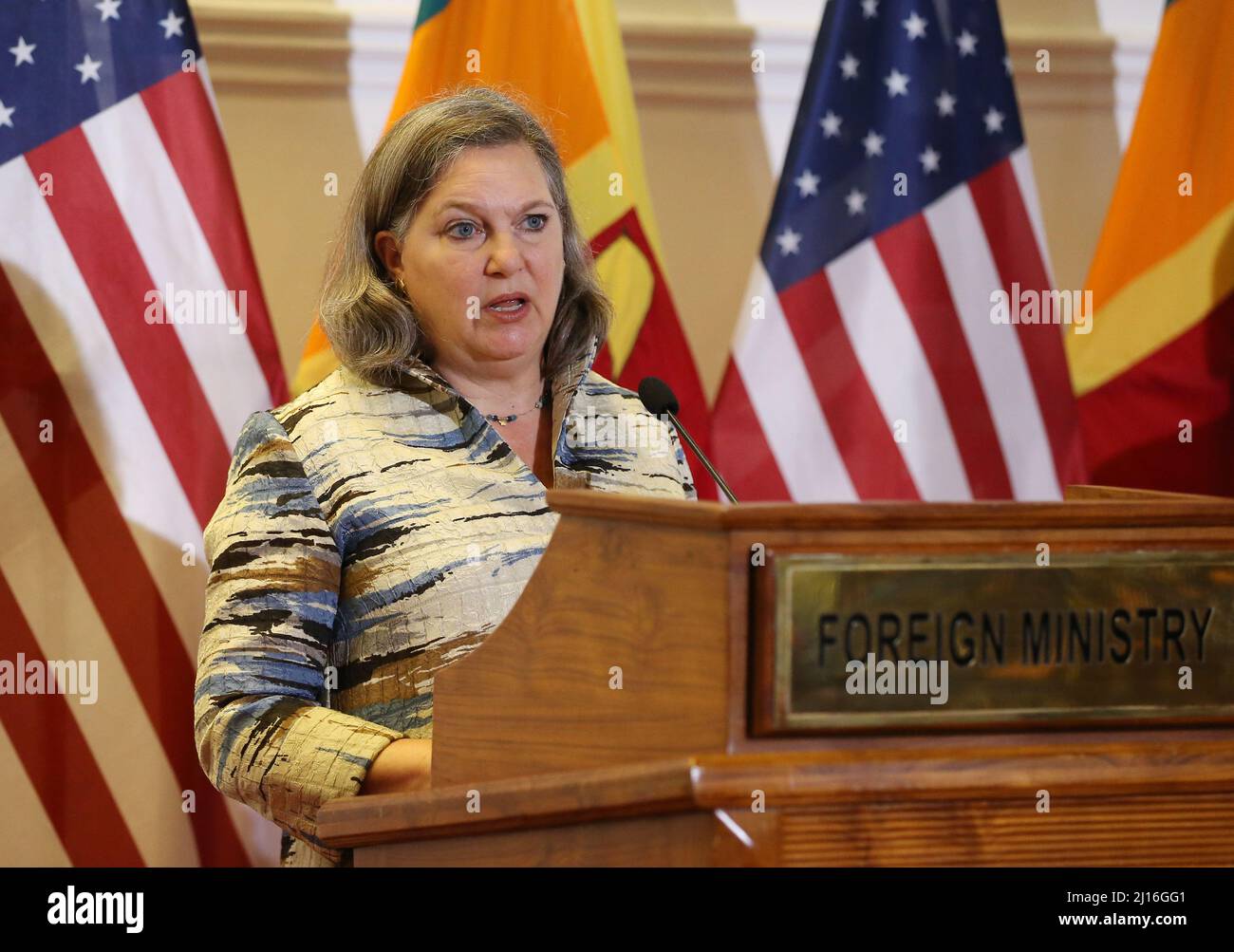 Colombo, Sri Lanka. March 23, 2022, colombo, western, Sri Lanka: U.S. Under Secretary of State for Political Affairs Victoria Nuland speaks during a joint press conference with Sri Lanka's Foreign Minister Gamini Lakshman Peiris at the Ministry of Foreign Affairs in Colombo on March 23, 2022. (Credit Image: © Pradeep Dambarage/ZUMA Press Wire) Credit: ZUMA Press, Inc./Alamy Live News Stock Photo