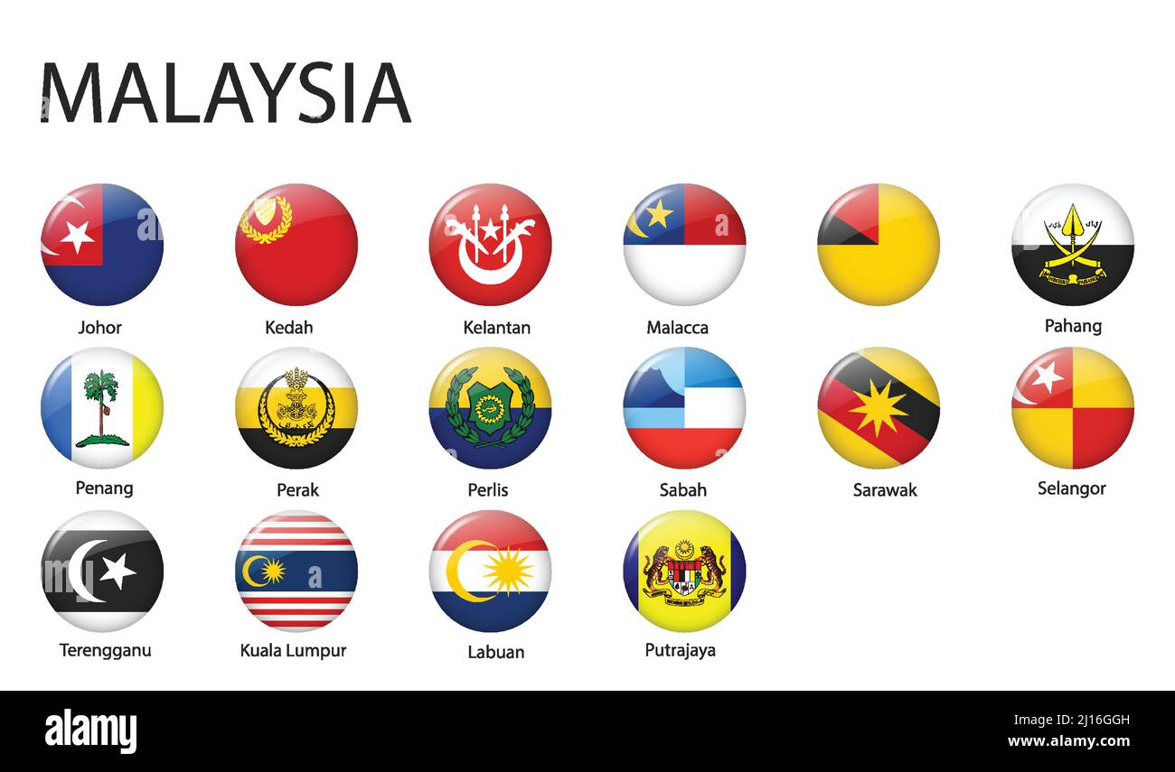 all Flags of regions of Malaysia. Glossy button flag design Stock Vector