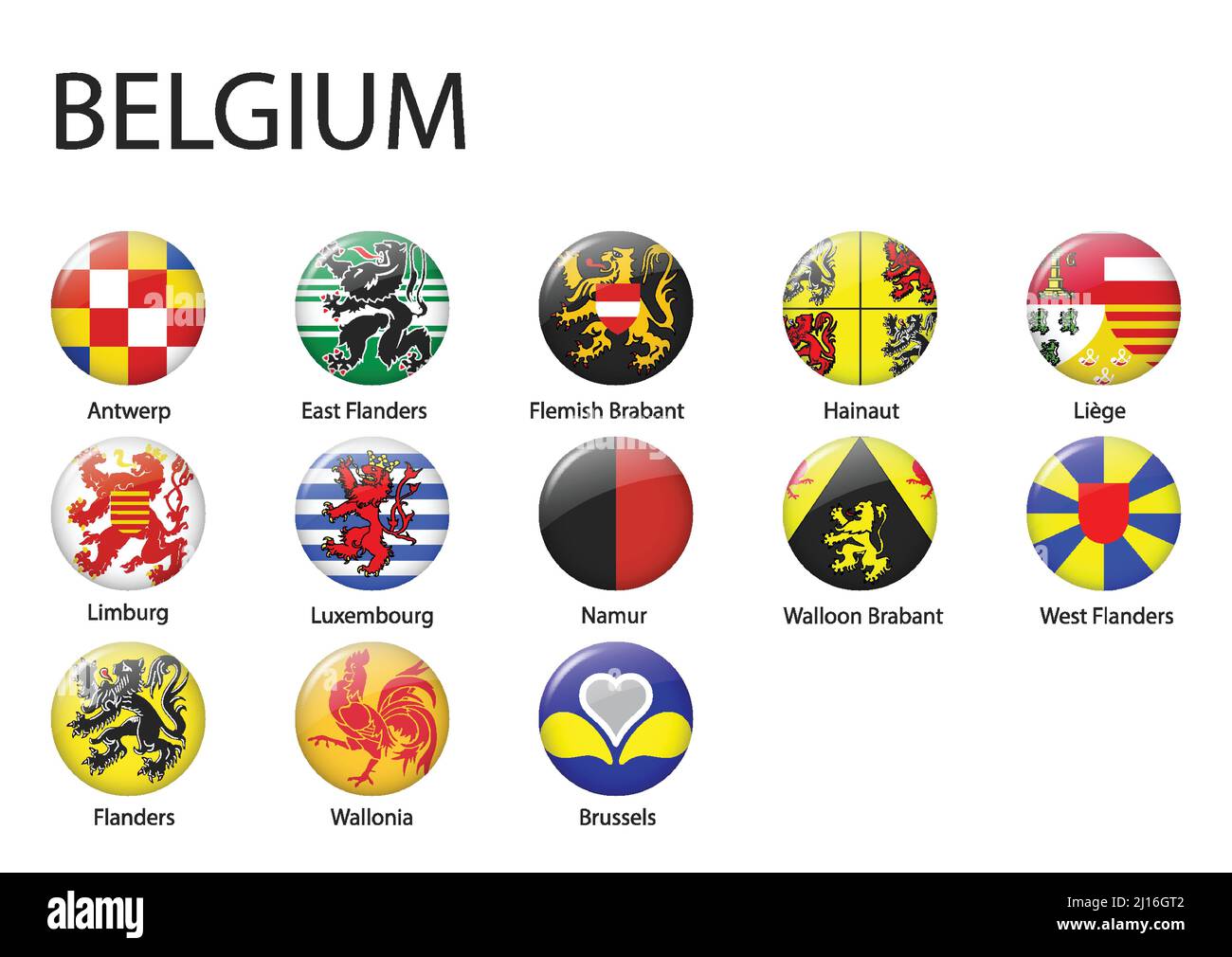 all Flags of regions of Belgium. Glossy button flag design Stock Vector