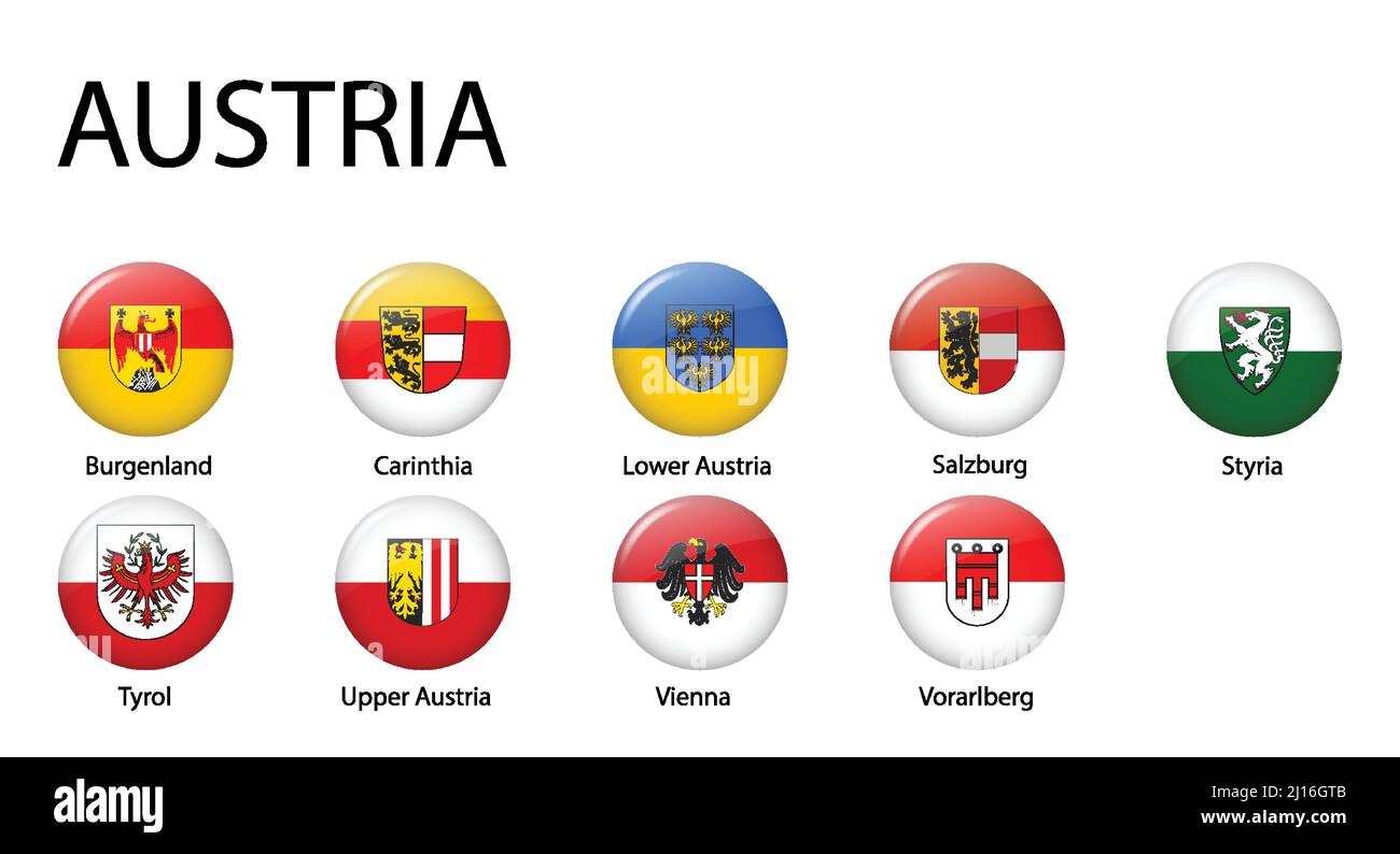 all Flags of regions of Austria. Glossy button flag design Stock Vector