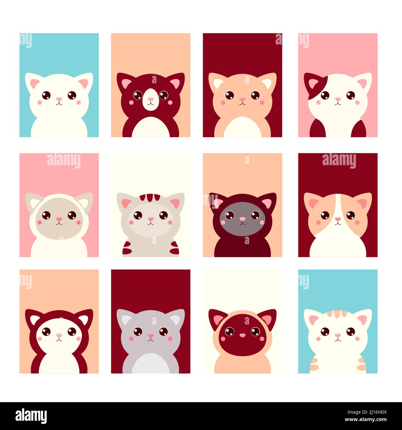 Set of kawaii member icon. Cards with cute cartoon cats. Baby collection of avatars with kitty. Vector illustration EPS8 Stock Vector