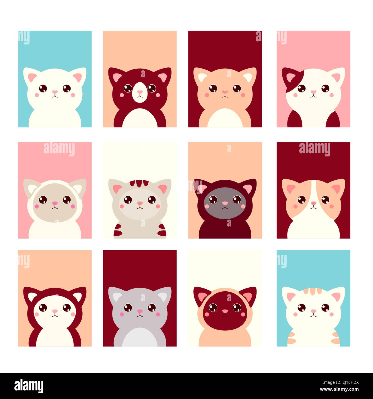 Set of kawaii member icon. Cards with cute cartoon cats. Baby