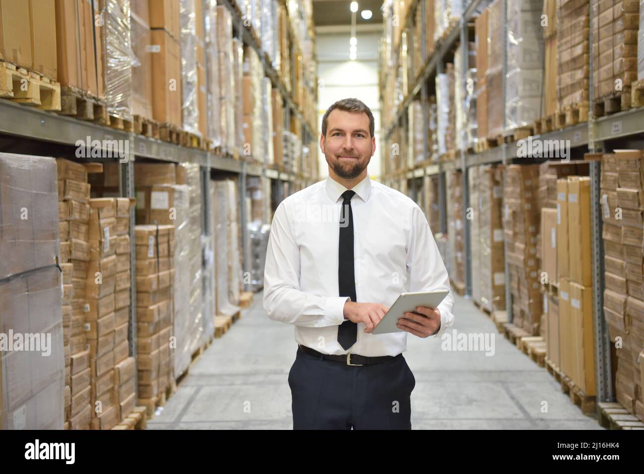 portrait friendly businessman/ manager in suit working in the warehouse of a company - control of inventories Stock Photo