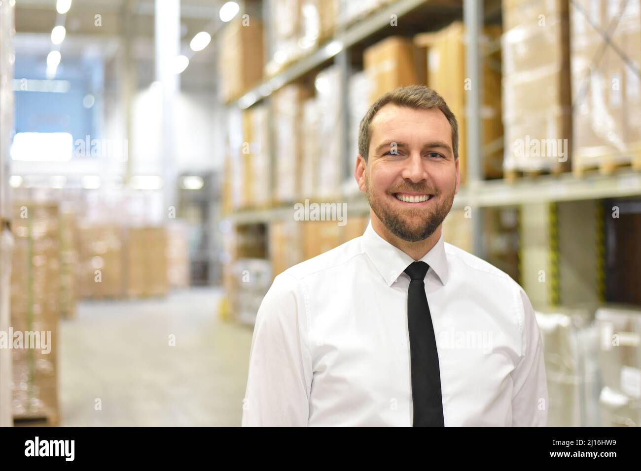 portrait friendly businessman/ manager in suit working in the warehouse of a company Stock Photo