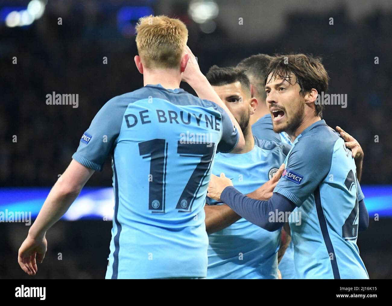 MANCHESTER, ENGLAND - NOVEMBER 1, 2016: David Silva (R) of City celebrates with his teammates after a goal scored by Ilkay Gundogan (not in the picture) during the UEFA Champions League Group C game between Manchester City and FC Barcelona at City of Manchester Stadium. Copyright: Cosmin Iftode/Picstaff Stock Photo