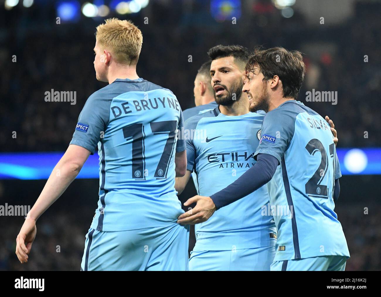 MANCHESTER, ENGLAND - NOVEMBER 1, 2016: David Silva (R) of City celebrates with his teammates after a goal scored by Ilkay Gundogan (not in the picture) during the UEFA Champions League Group C game between Manchester City and FC Barcelona at City of Manchester Stadium. Copyright: Cosmin Iftode/Picstaff Stock Photo