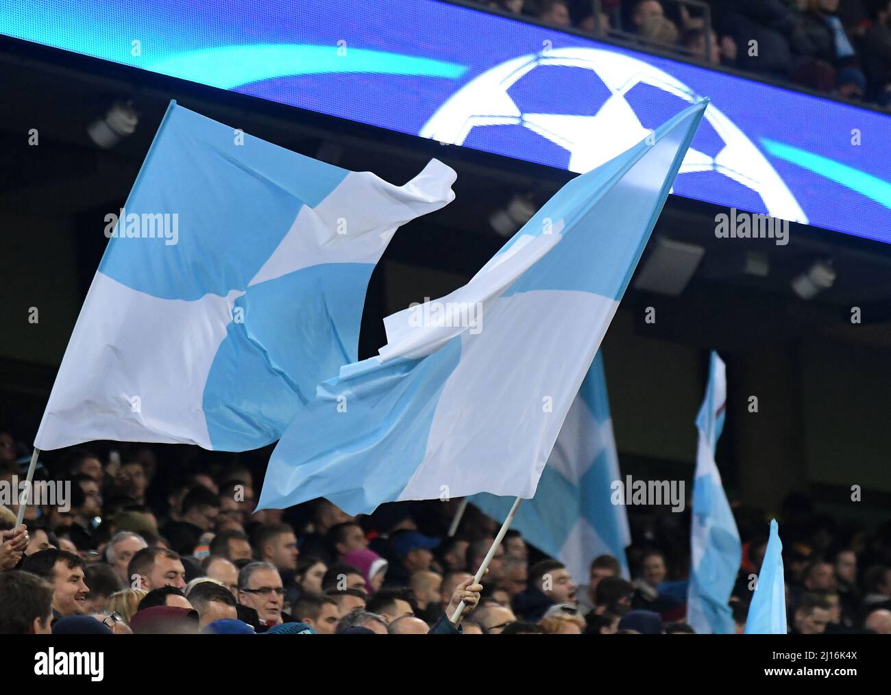 MANCHESTER, ENGLAND - NOVEMBER 1, 2016: Manchester City colored flags pictured during the UEFA Champions League Group C game between Manchester City and FC Barcelona at City of Manchester Stadium. Copyright: Cosmin Iftode/Picstaff Stock Photo