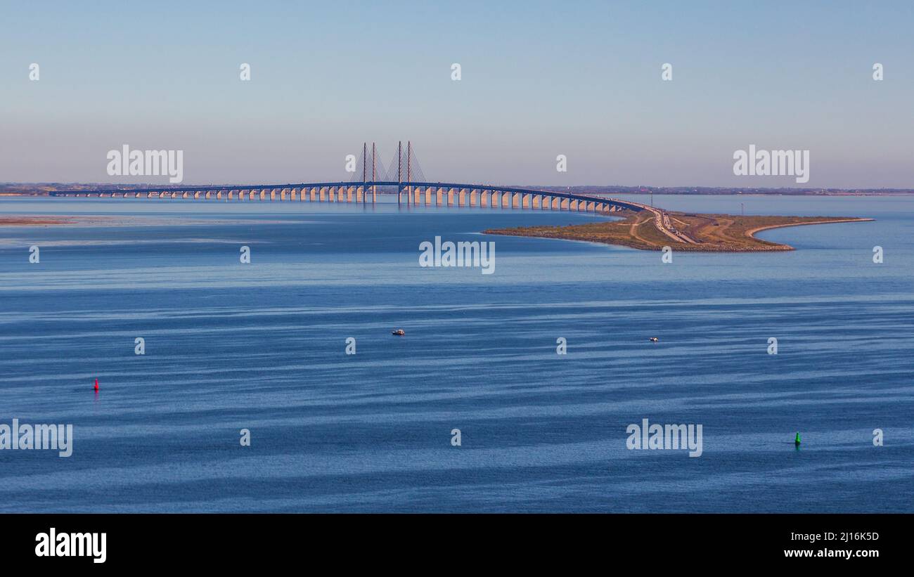Oresund Bridge, railwey and motorway bridge across the Oresund strait between Denmark and Sweden, Denmark. Stock Photo