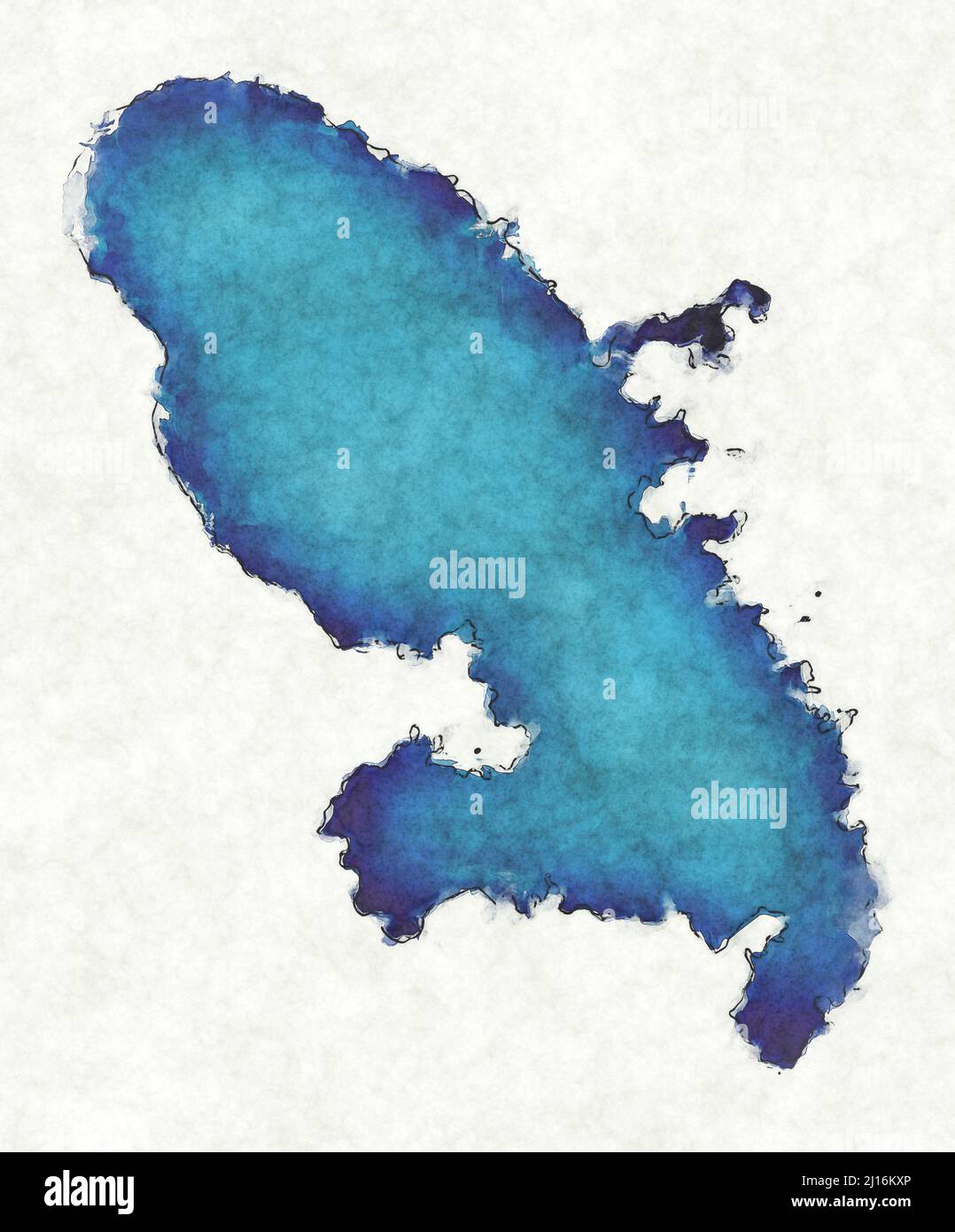 Martinique map with drawn lines and blue watercolor illustration Stock