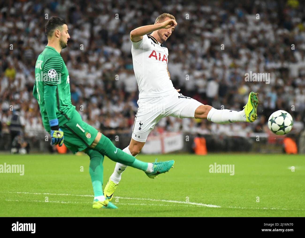 MANCHESTER, ENGLAND - SEPTEMBER 14, 2016: Danijel Subasic (L) of Monaco and Harry Kane (R) of Tottenham pictured in action during the UEFA Champions League Group E game between Tottenham Hotspur and AS Monaco at Wembley Stadium. Copyright: Cosmin Iftode/Picstaff Stock Photo