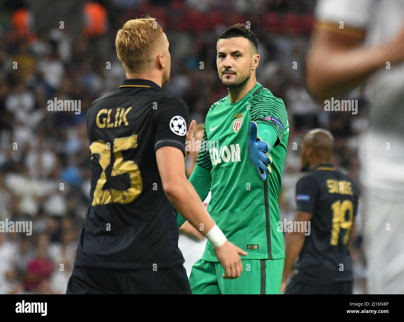 MANCHESTER, ENGLAND - SEPTEMBER 14, 2016: Danijel Subasic (R) of Monaco, pictured in action during the UEFA Champions League Group E game between Tottenham Hotspur and AS Monaco at Wembley Stadium. Copyright: Cosmin Iftode/Picstaff Stock Photo