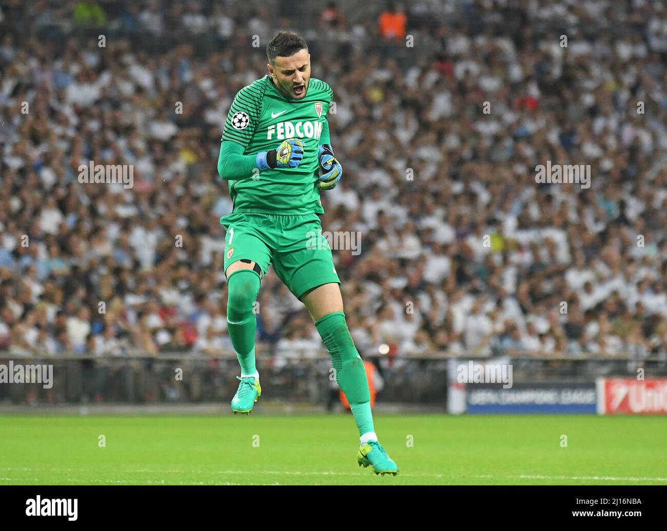 MANCHESTER, ENGLAND - SEPTEMBER 14, 2016: Monaco goalkeeper Danijel Subasic celebrates after a goal scored by his team during the UEFA Champions League Group E game between Tottenham Hotspur and AS Monaco at Wembley Stadium. Copyright: Cosmin Iftode/Picstaff Stock Photo