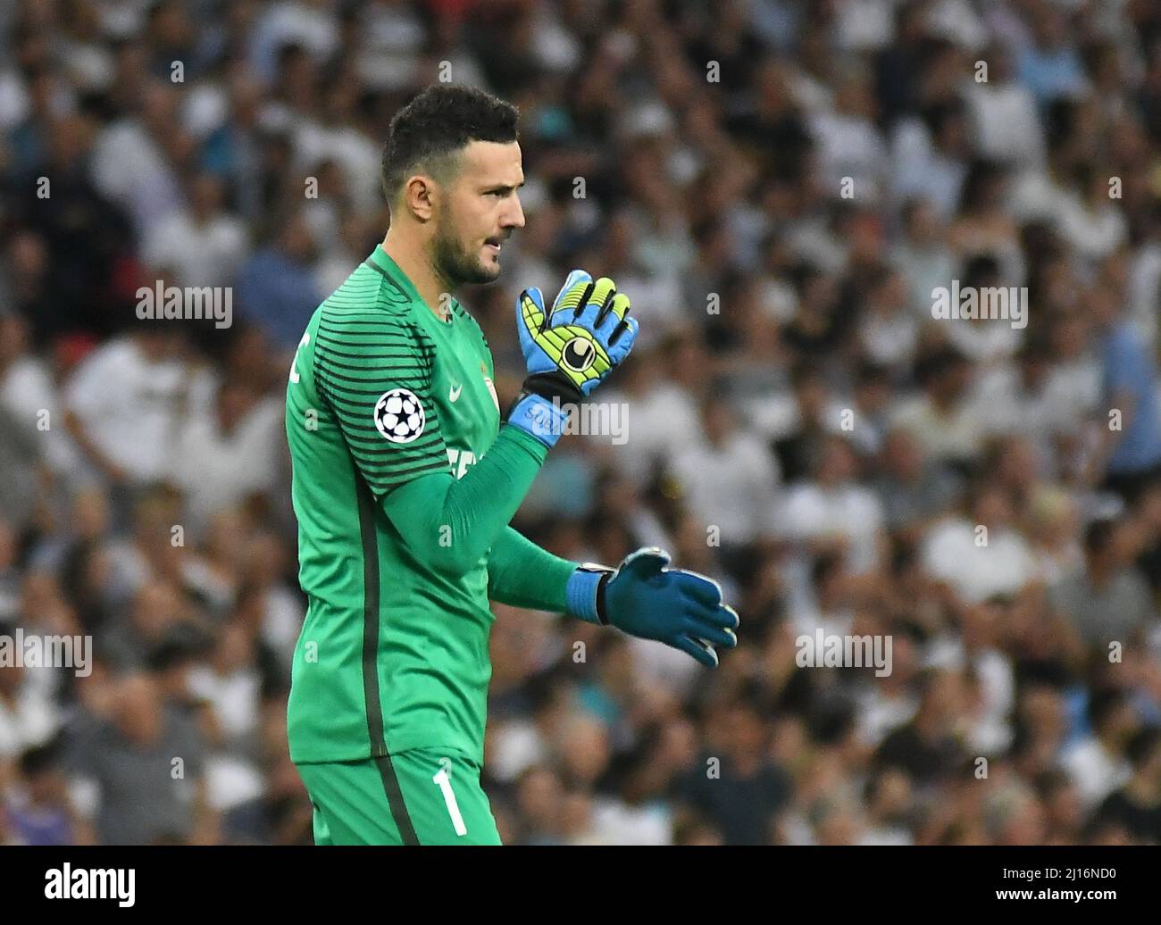 MANCHESTER, ENGLAND - SEPTEMBER 14, 2016: Monaco goalkeeper Danijel Subasic celebrates after a goal scored by his team during the UEFA Champions League Group E game between Tottenham Hotspur and AS Monaco at Wembley Stadium. Copyright: Cosmin Iftode/Picstaff Stock Photo