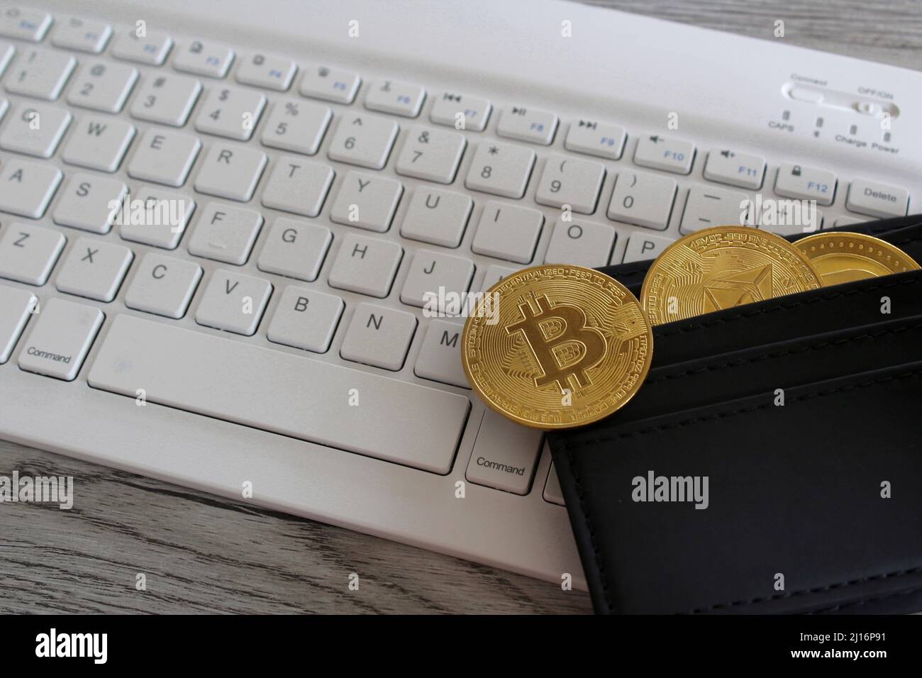 Bitcoin, wallet and computer keyboard. Cryptocurrency, digital wallet ...