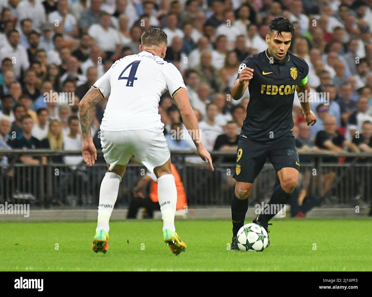 MANCHESTER, ENGLAND - SEPTEMBER 14, 2016: Radamel Falcao (R) of Monaco pictured in action during the UEFA Champions League Group E game between Tottenham Hotspur and AS Monaco at Wembley Stadium. Copyright: Cosmin Iftode/Picstaff Stock Photo