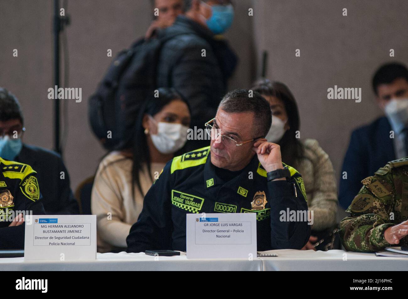 Colombia's police general Jorge Luis Vargas during a meeting of electoral guarantees where national registrar Alexander Vega opted not to do a new ele Stock Photo