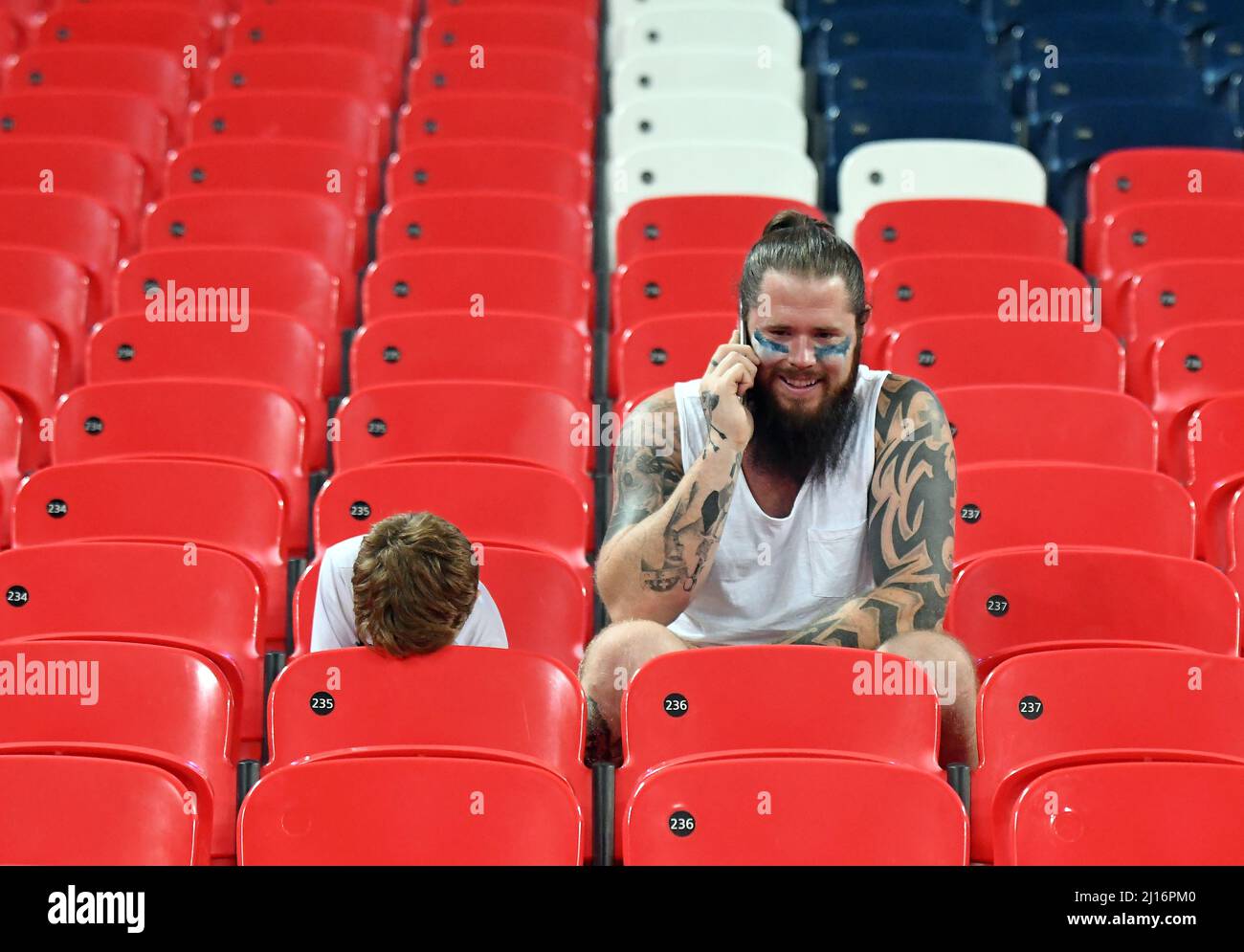 MANCHESTER, ENGLAND - SEPTEMBER 14, 2016: E disappointed young Tottenham fans pictured with his father after the UEFA Champions League Group E game between Tottenham Hotspur and AS Monaco at Wembley Stadium. Copyright: Cosmin Iftode/Picstaff Stock Photo