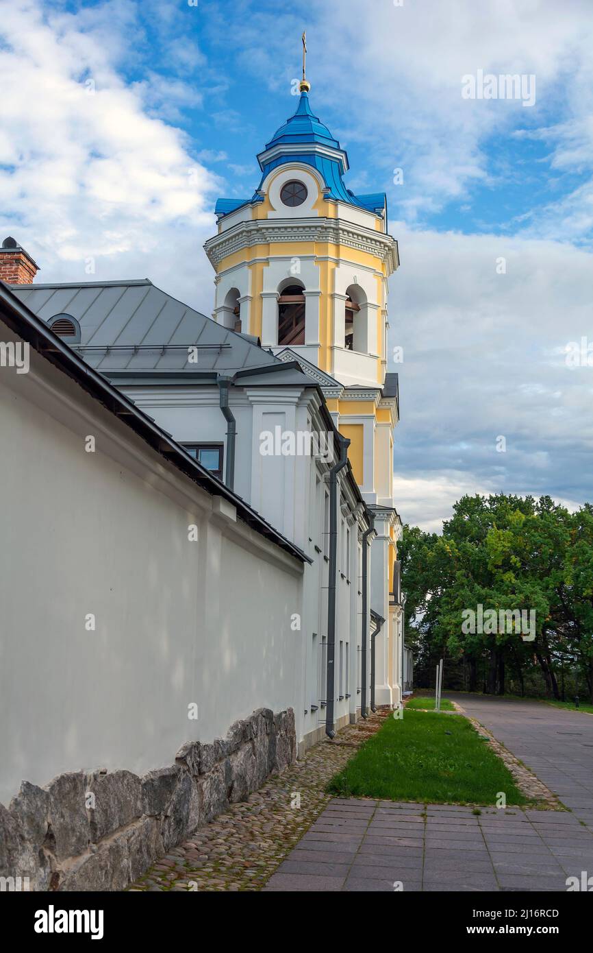 Konevets Island, Bell Tower with the Western Gate of the Konevsky Nativity of the Theotokos Monastery, recently restored Stock Photo