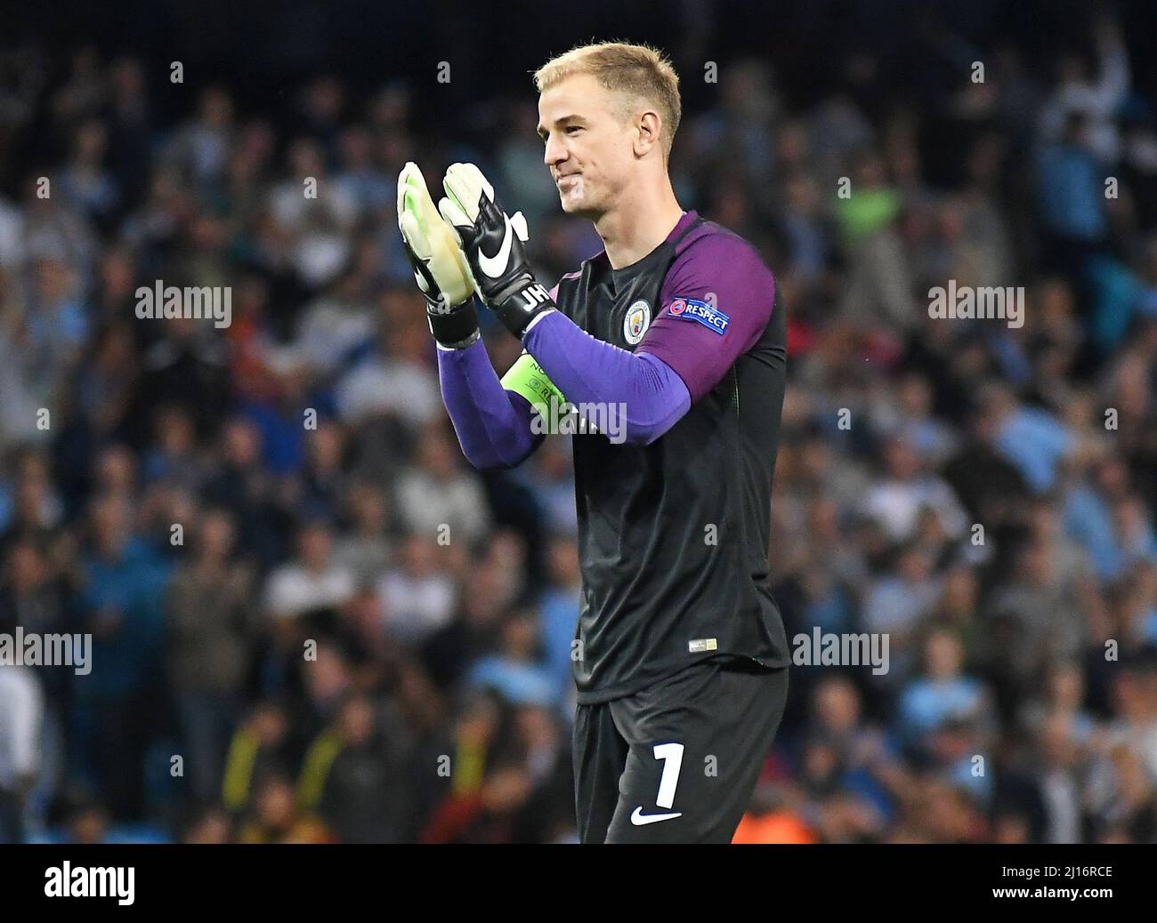 MANCHESTER, ENGLAND - AUGUST 24, 2016: Joe Hart of City thanking the fans after the second leg of the 2016/17 UEFA Champions League tie between Manchester City (Engalnd) and FCSB (Romania) at Etihad Stadium. Copyright: Cosmin Iftode/Picstaff Stock Photo