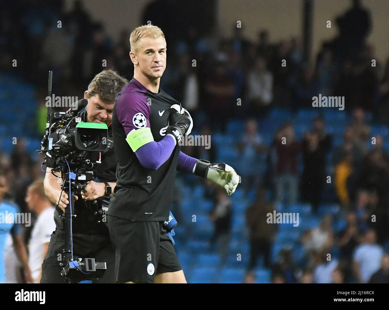 MANCHESTER, ENGLAND - AUGUST 24, 2016: Joe Hart of City thanking the fans after the second leg of the 2016/17 UEFA Champions League tie between Manchester City (Engalnd) and FCSB (Romania) at Etihad Stadium. Copyright: Cosmin Iftode/Picstaff Stock Photo