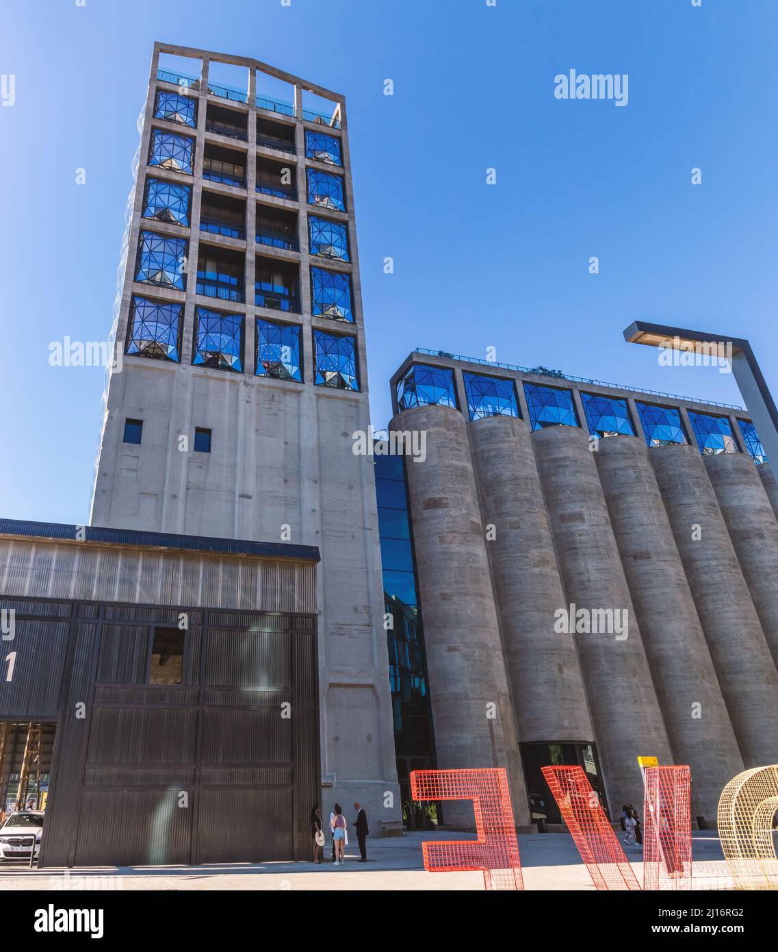 Cape Town, South Africa, 26th February - 2022: Front facade of grain silo building converted into apartments. Stock Photo