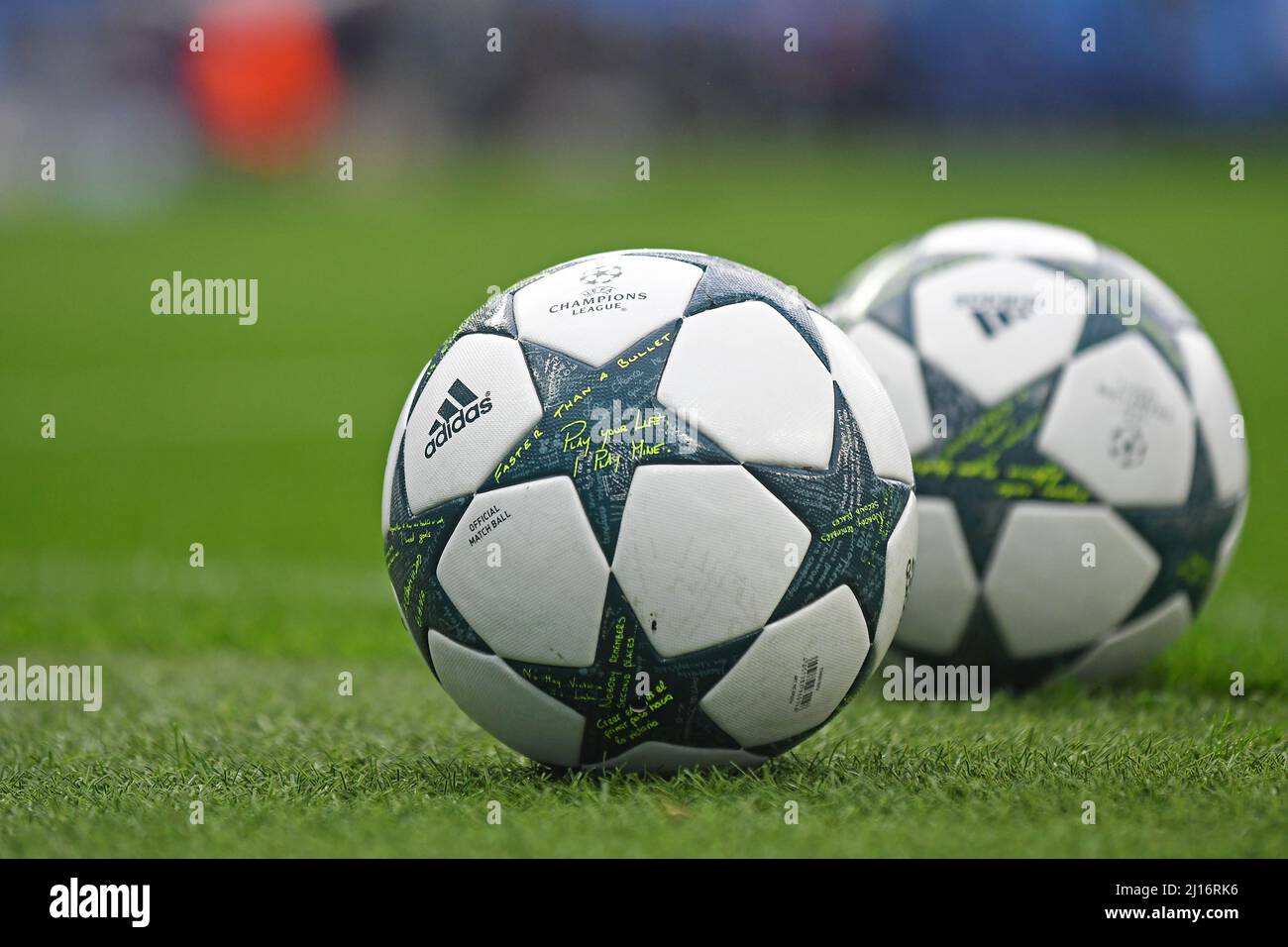 MANCHESTER, ENGLAND - AUGUST 24, 2016: The official UEFA Champions League  ball pictured prior to the second leg of the 2016/17 UEFA Champions League  tie between Manchester City (Engalnd) and FCSB (Romania)
