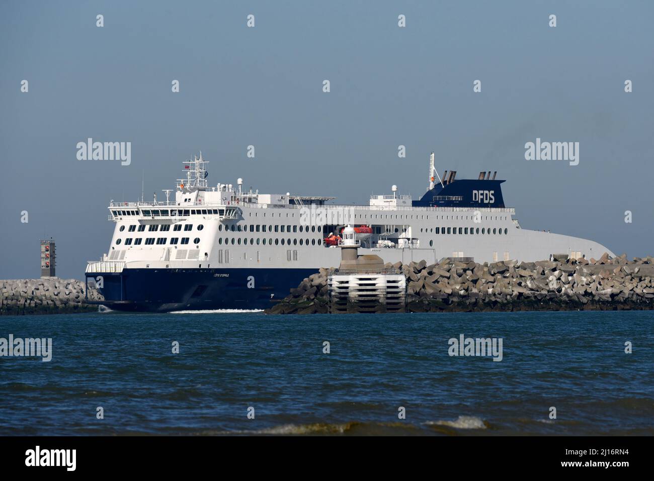 A DFDS ferry leaves Calais on its journey from France to Dover, England Stock Photo