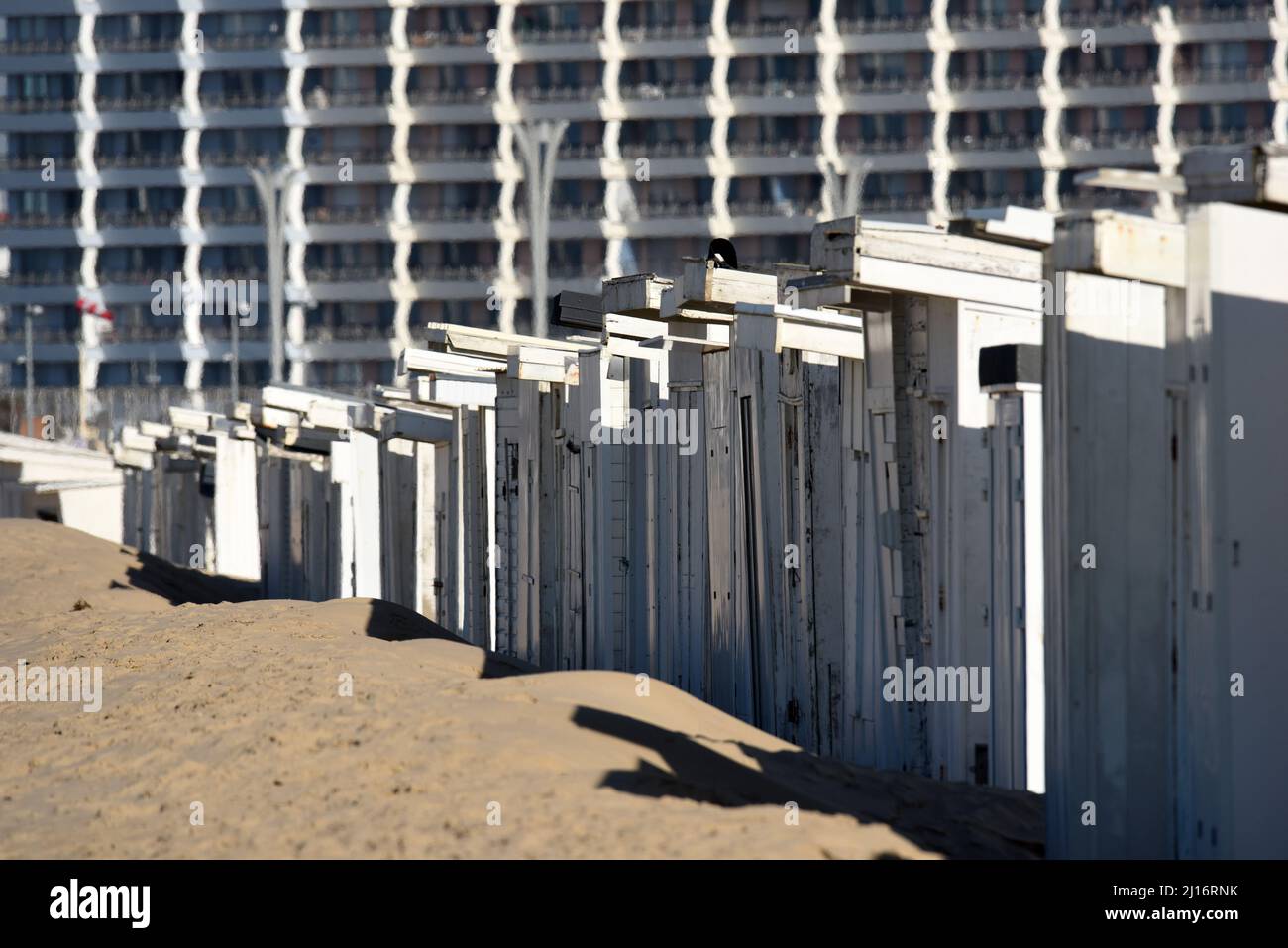 Condemned beach huts line the beach at Blériot-Plage near Calais, France Stock Photo