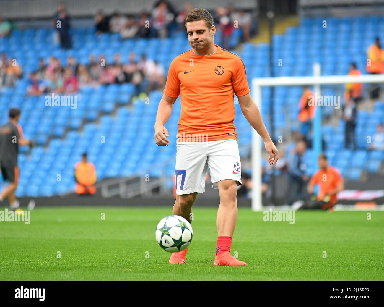 MANCHESTER, ENGLAND - AUGUST 24, 2016: Adrian Popa of FCSB pictured during the second leg of the 2016/17 UEFA Champions League tie between Manchester City (Engalnd) and FCSB (Romania) at Etihad Stadium. Copyright: Cosmin Iftode/Picstaff Stock Photo