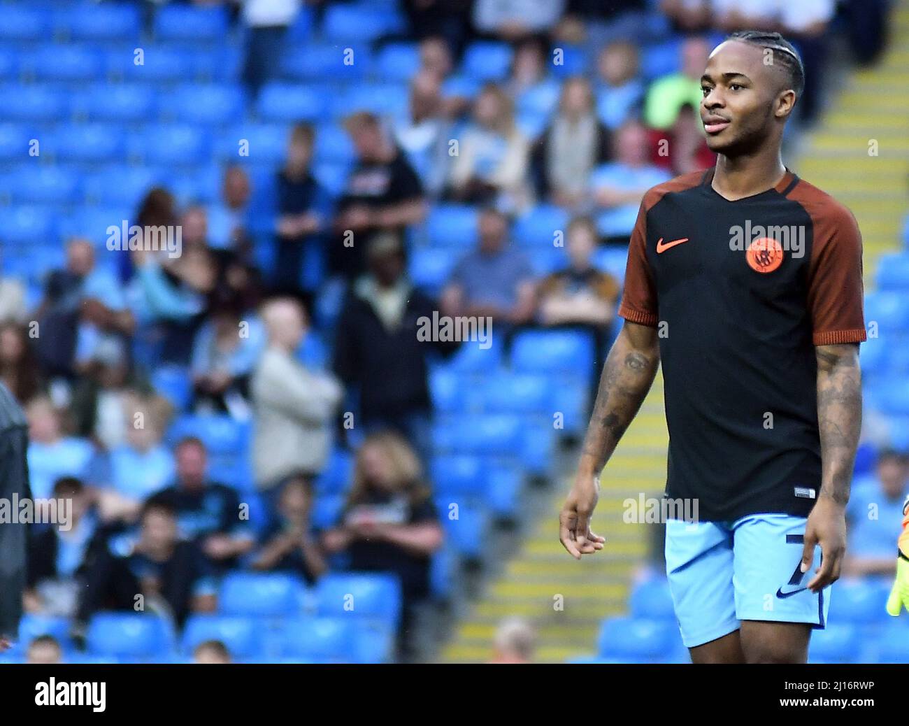 MANCHESTER, ENGLAND - AUGUST 24, 2016: Raheem Sterling of City pictured prior to the second leg of the 2016/17 UEFA Champions League tie between Manchester City (Engalnd) and FCSB (Romania) at Etihad Stadium. Copyright: Cosmin Iftode/Picstaff Stock Photo