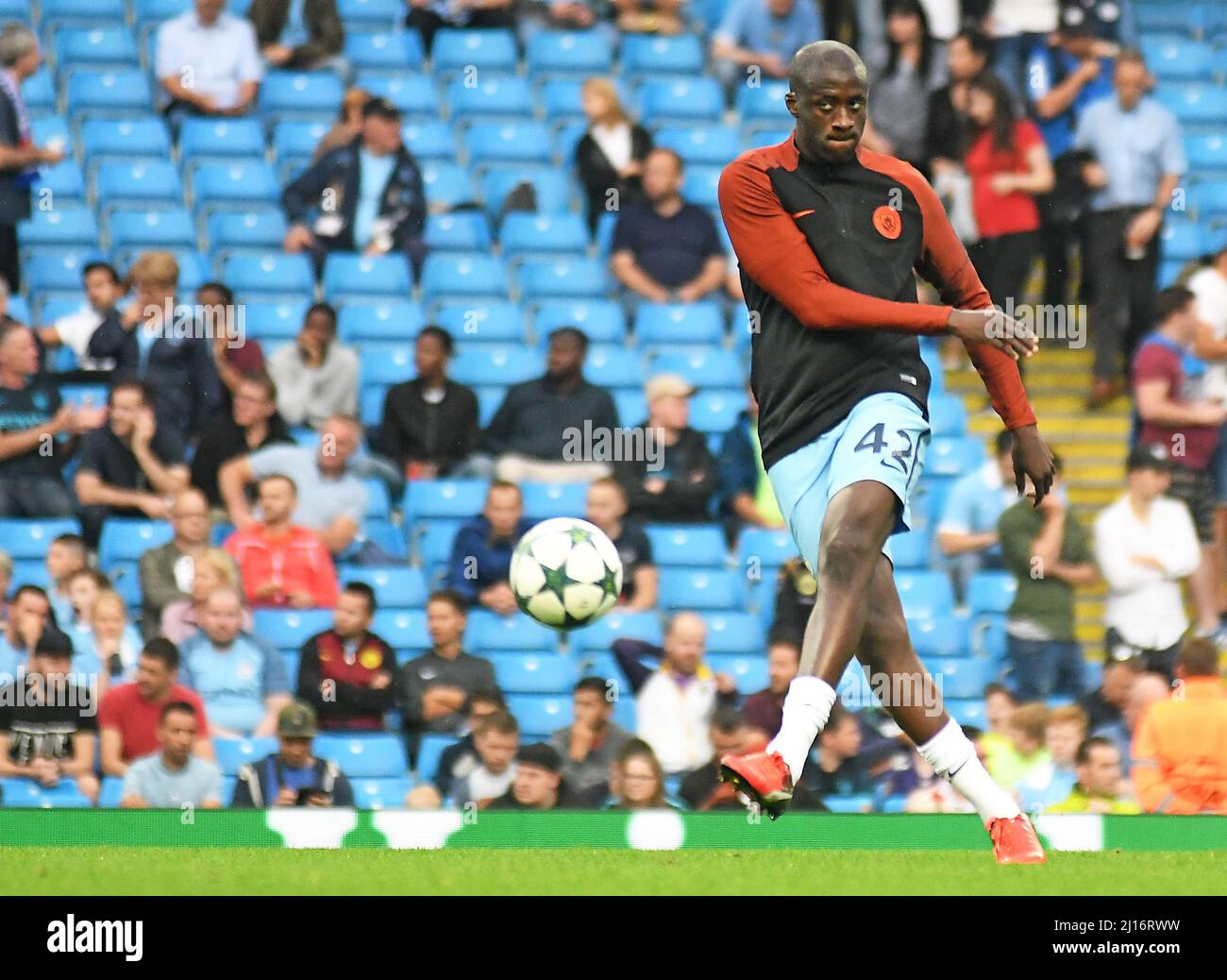MANCHESTER, ENGLAND - AUGUST 24, 2016: Yaya Toure of City pictured prior to the second leg of the 2016/17 UEFA Champions League tie between Manchester City (Engalnd) and FCSB (Romania) at Etihad Stadium. Copyright: Cosmin Iftode/Picstaff Stock Photo