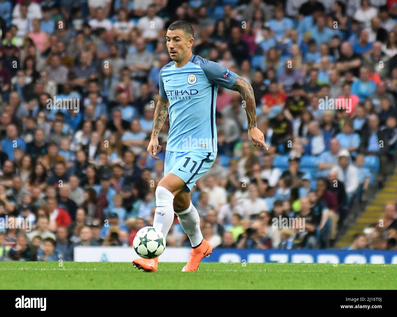 MANCHESTER, ENGLAND - AUGUST 24, 2016: Aleksandar Kolarov of City pictured during the second leg of the 2016/17 UEFA Champions League tie between Manchester City (Engalnd) and FCSB (Romania) at Etihad Stadium. Copyright: Cosmin Iftode/Picstaff Stock Photo