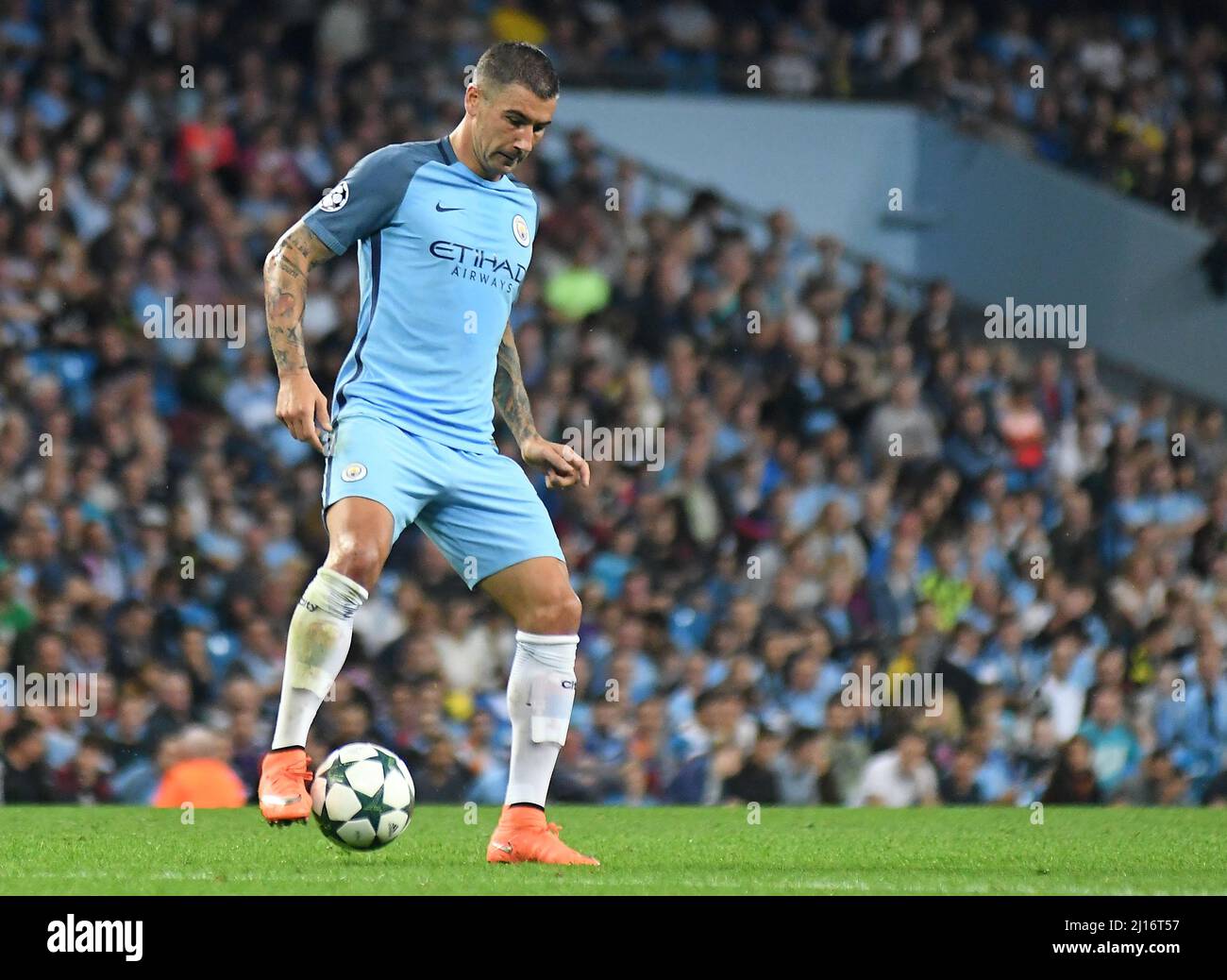 MANCHESTER, ENGLAND - AUGUST 24, 2016: Aleksandar Kolarov of City pictured during the second leg of the 2016/17 UEFA Champions League tie between Manchester City (Engalnd) and FCSB (Romania) at Etihad Stadium. Copyright: Cosmin Iftode/Picstaff Stock Photo