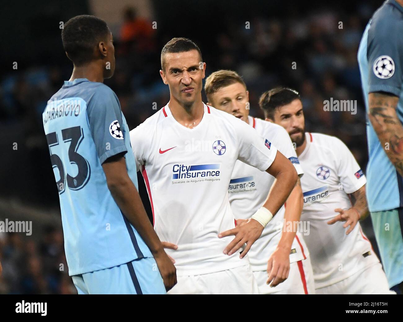 MANCHESTER, ENGLAND - AUGUST 24, 2016: Marko Momcilovic of FCSB pictured during the second leg of the 2016/17 UEFA Champions League tie between Manchester City (Engalnd) and FCSB (Romania) at Etihad Stadium. Copyright: Cosmin Iftode/Picstaff Stock Photo